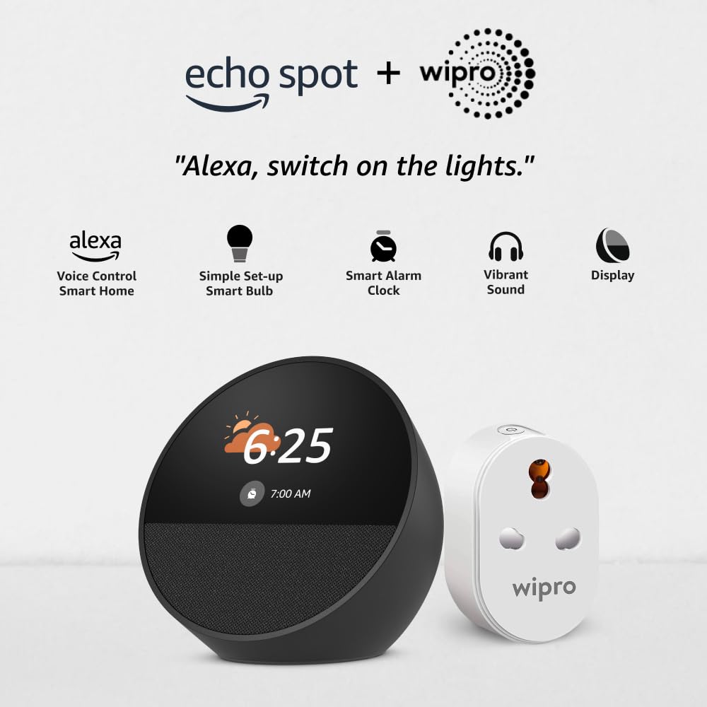 All-new Echo Spot, Smart alarm clock with vibrant sound + Alexa, Black combo with Wipro 16A Smart Plug