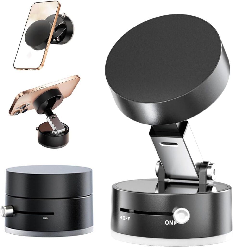 EYUVAA LABEL Vacuum Suction Magnetic Phone Holder for Car, Foldable Mobile Holder with Secure Grip Compatible with Mag Safe Car Mount, Windshield