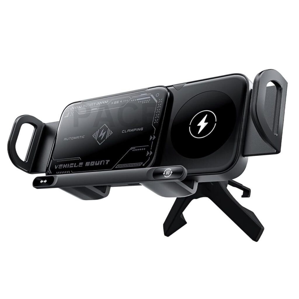 One Touch 2-in-1 Premium Rotating Mobile Phone Pad Holder, 15W Wireless Charger for Car, Super Stable Sturdy Car Air-Vent Mount for Smartphone